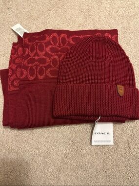 Coach Maroon Knit Beanie and Signature Scarf Set